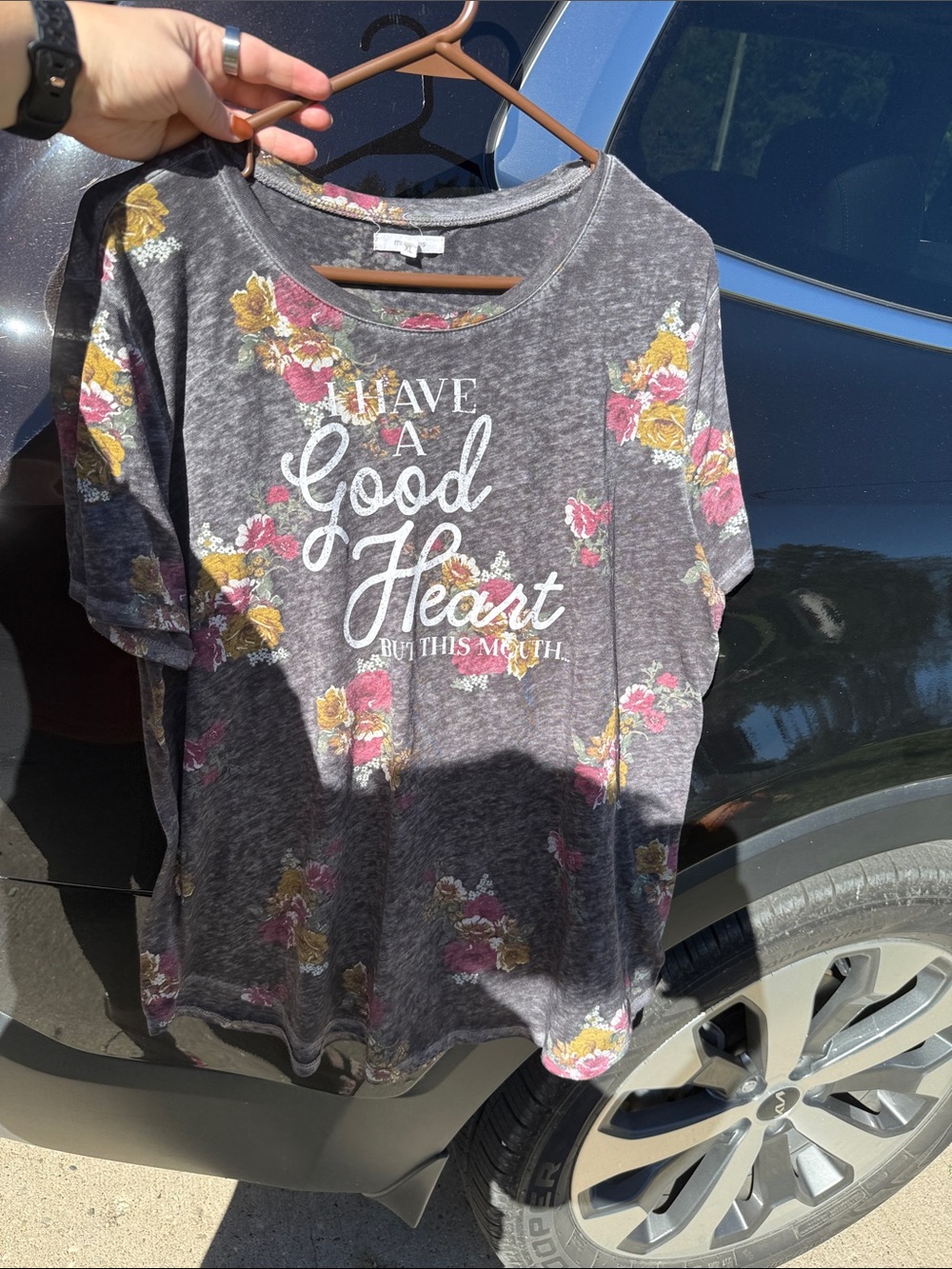 Maurices Charcoal Floral Graphic Tee with Pink and Mustard Accents